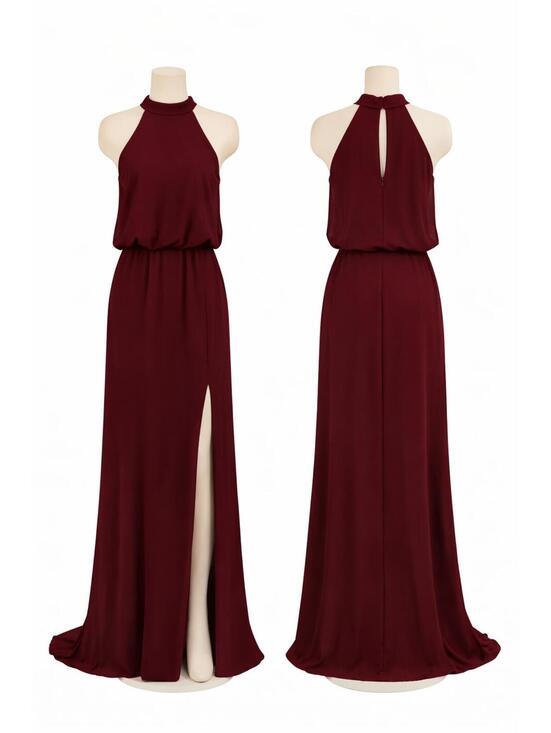 Badgley Mischka Dresses & Skirts - Badgley Mischka Wine Chiffon Blouson Gown High Neck Side Slit Formal Burgundy *4